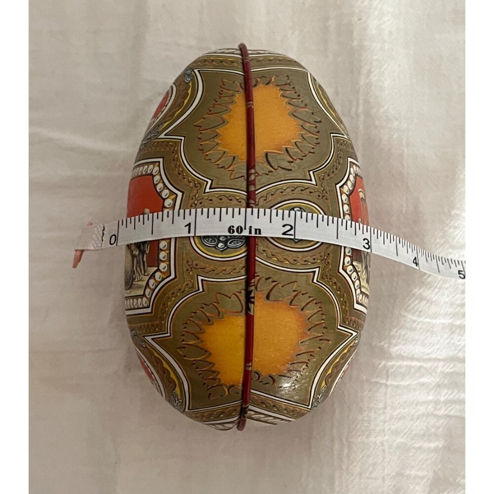 Vintage Decorative Tin Egg | European Easter Decor | Red and Gold Ornate Metal - Picture 5 of 6